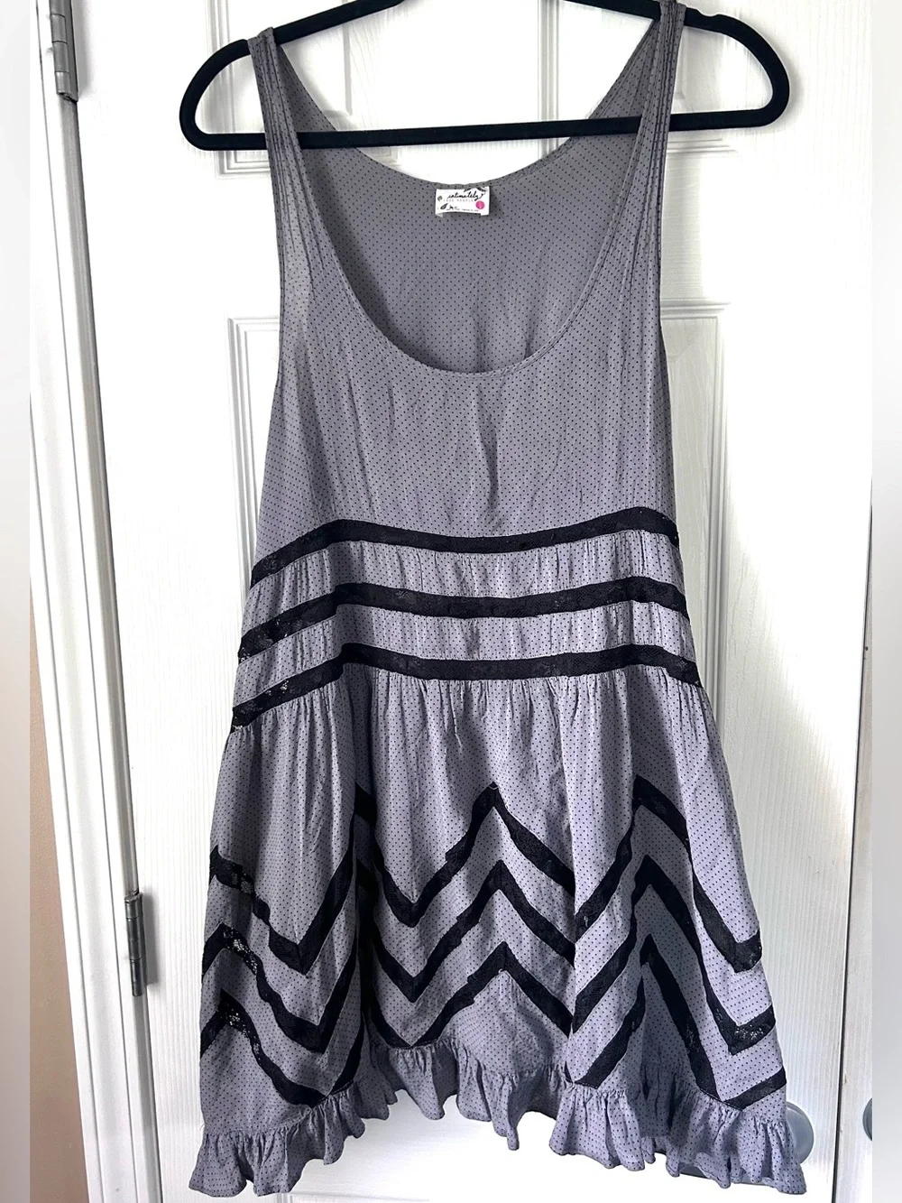 Free People Intimately Polka Dot Lace Trim Tunic Tank Dress Gray Large
